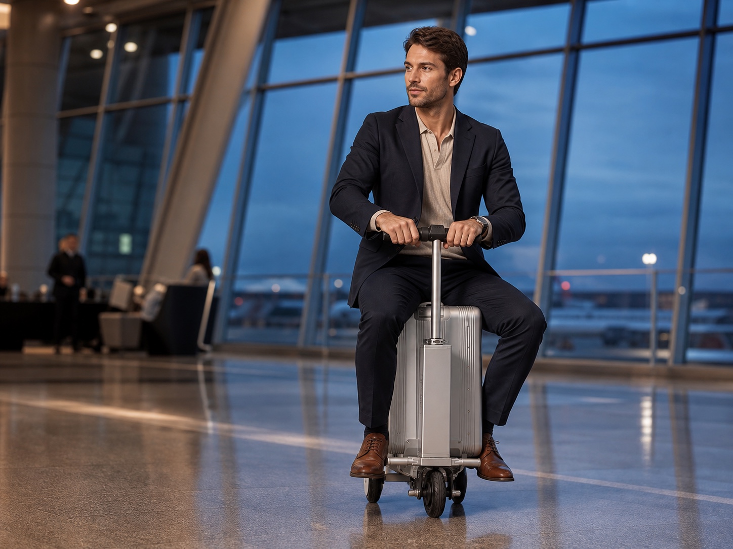 Business traveller using 30L smart electric luggage in a modern airport
