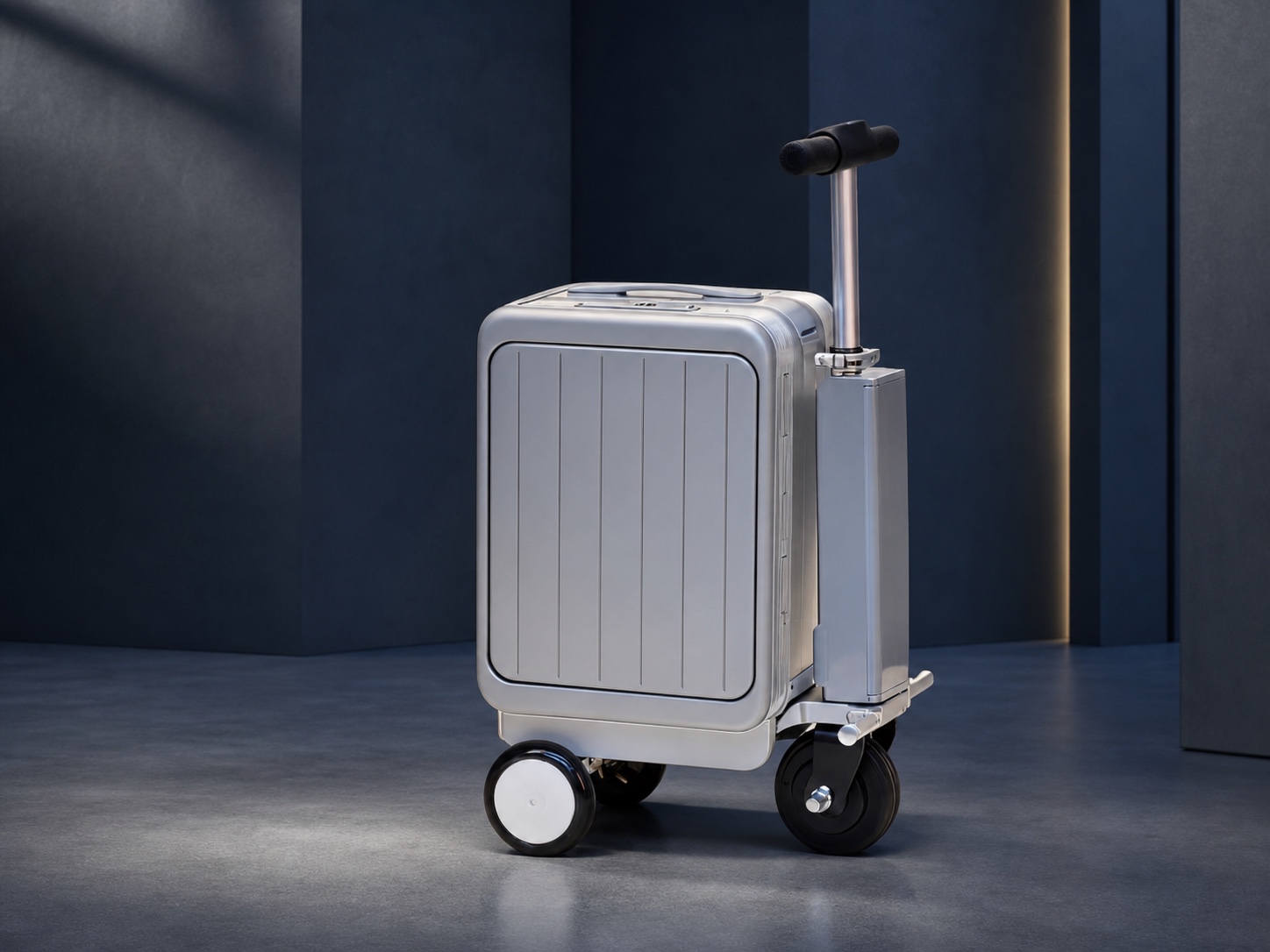 Premium studio view of an unbranded silver 30L smart electric luggage product