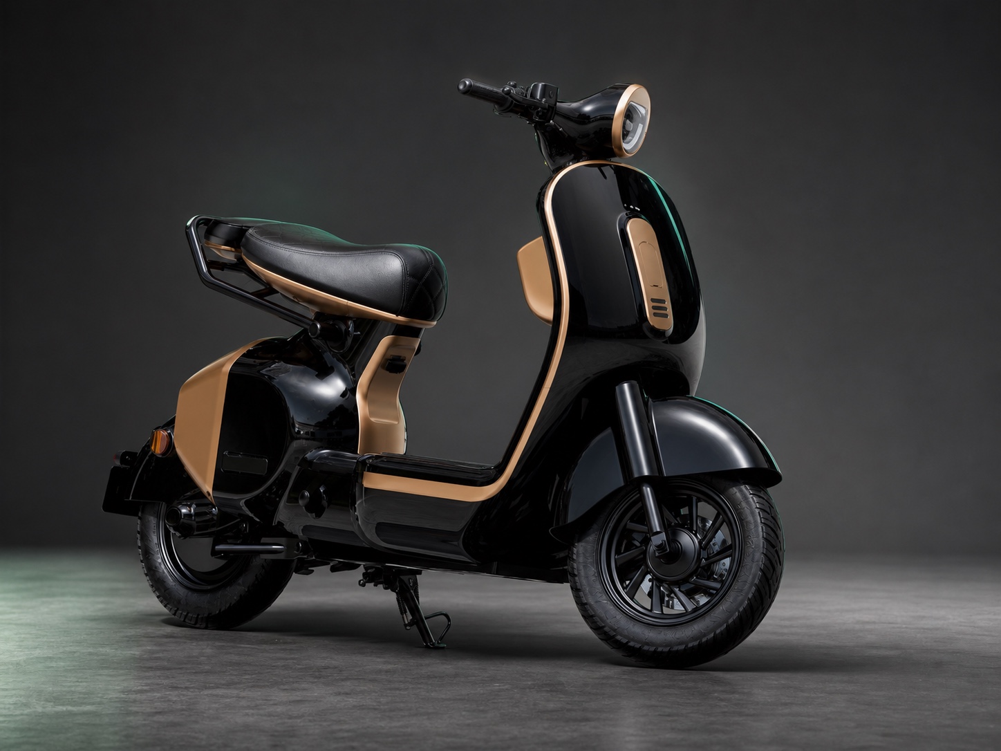 Unbranded black and champagne retro urban electric moped in a premium studio