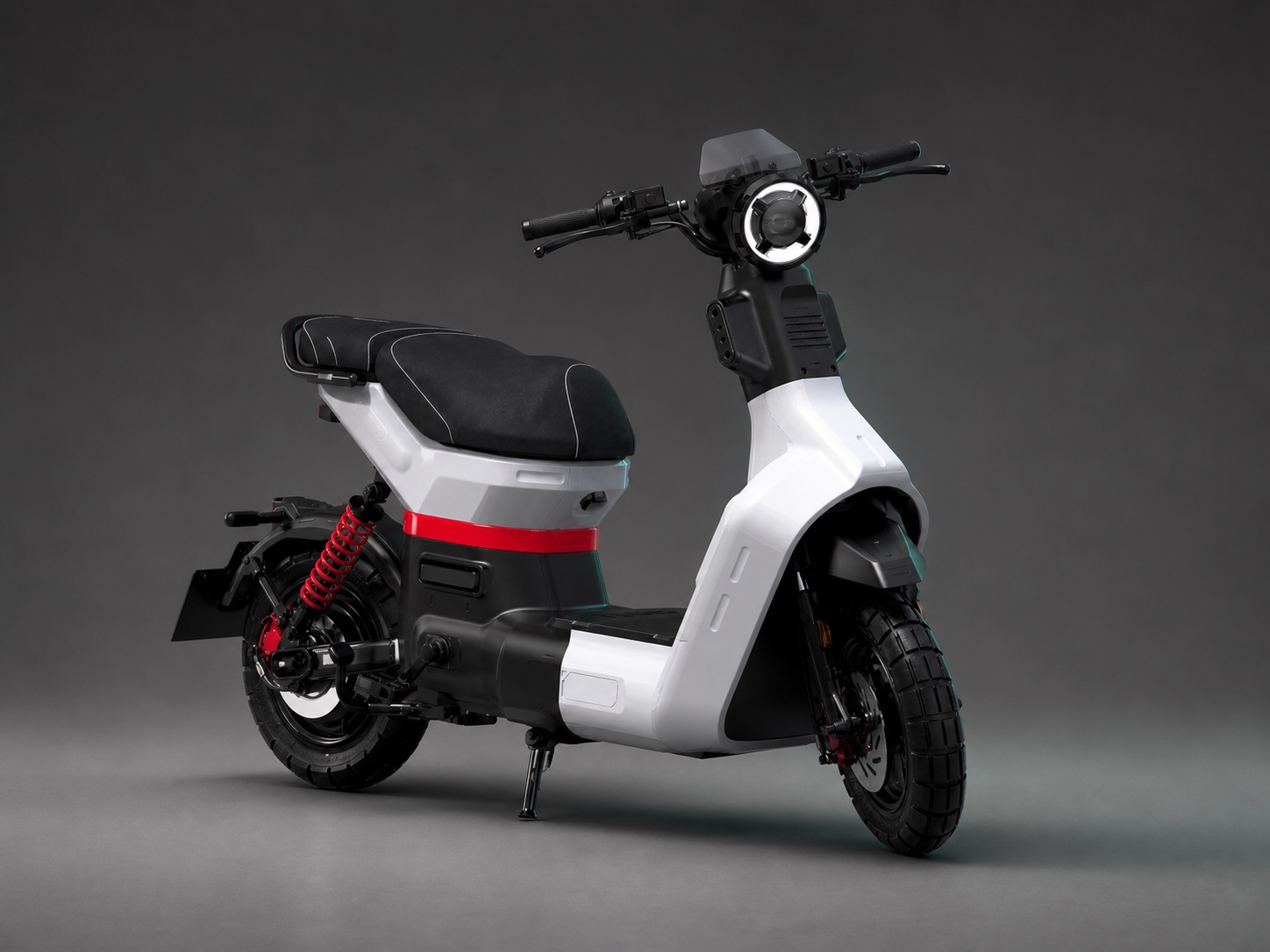 Unbranded white and graphite modern urban commuter electric vehicle in a premium studio