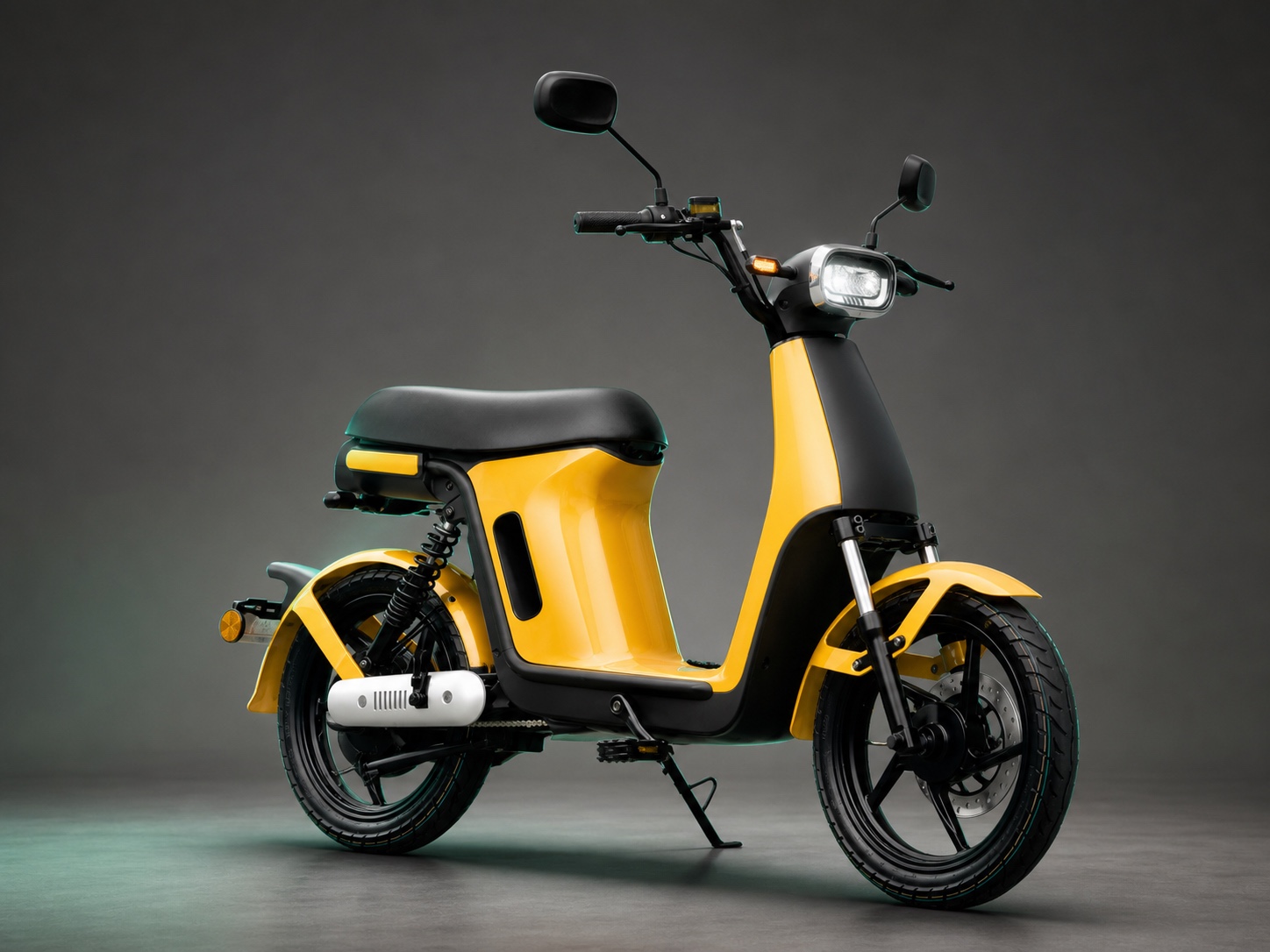 Unbranded yellow and black lightweight urban commuter electric vehicle in a premium studio