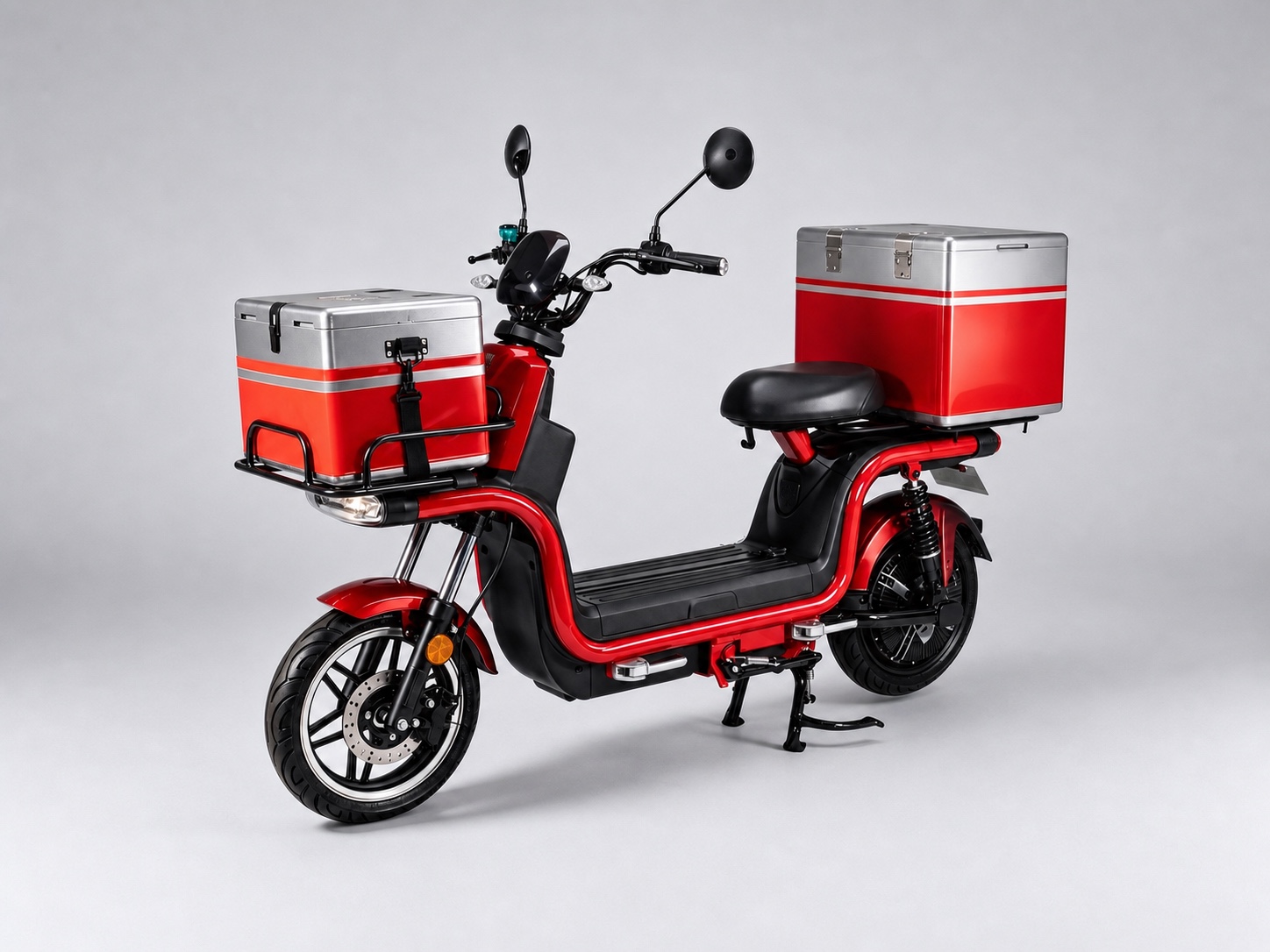 Red urban delivery electric vehicle with front and rear metal cargo boxes