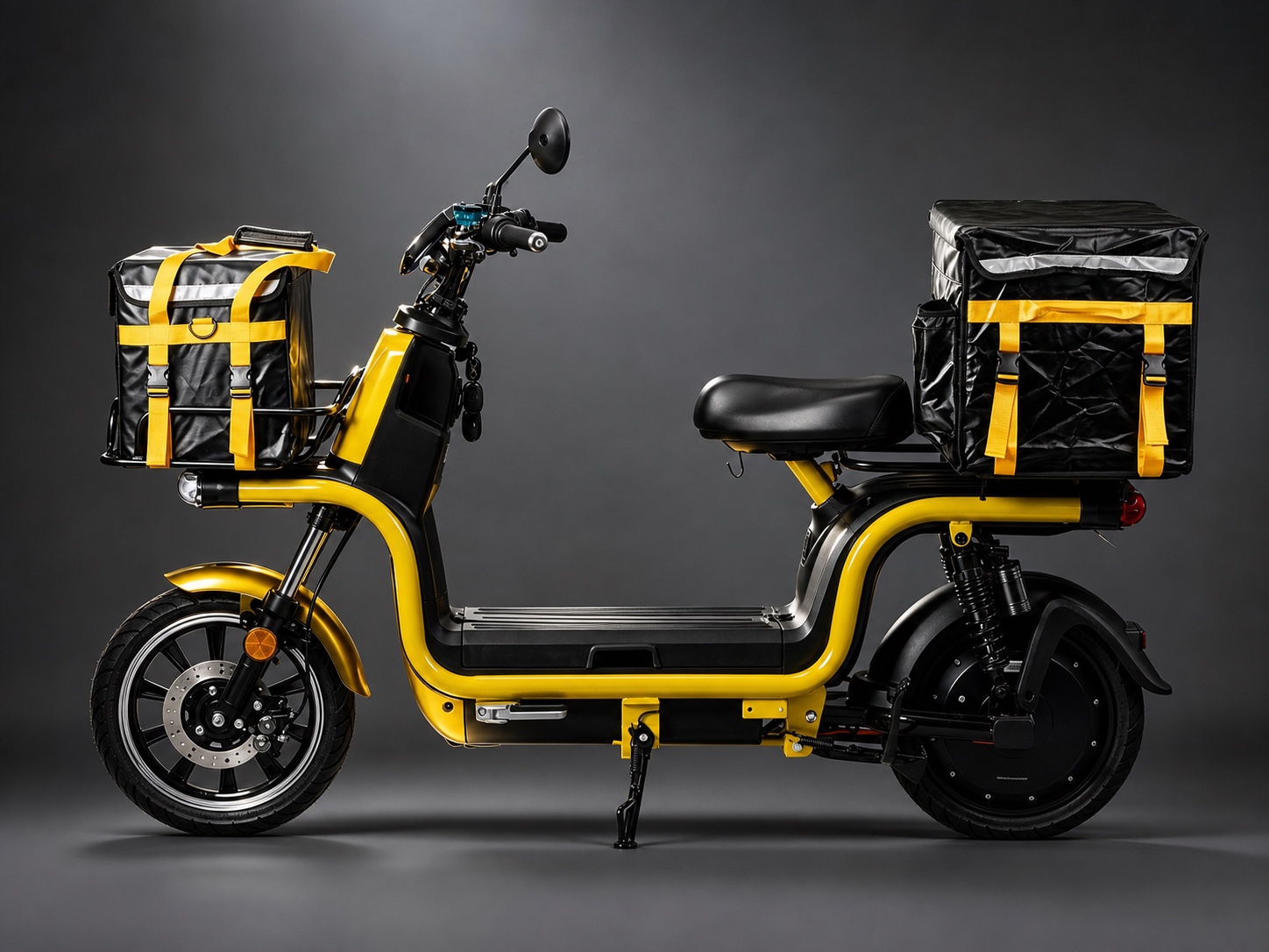 Yellow urban delivery electric vehicle with front and rear soft delivery bags